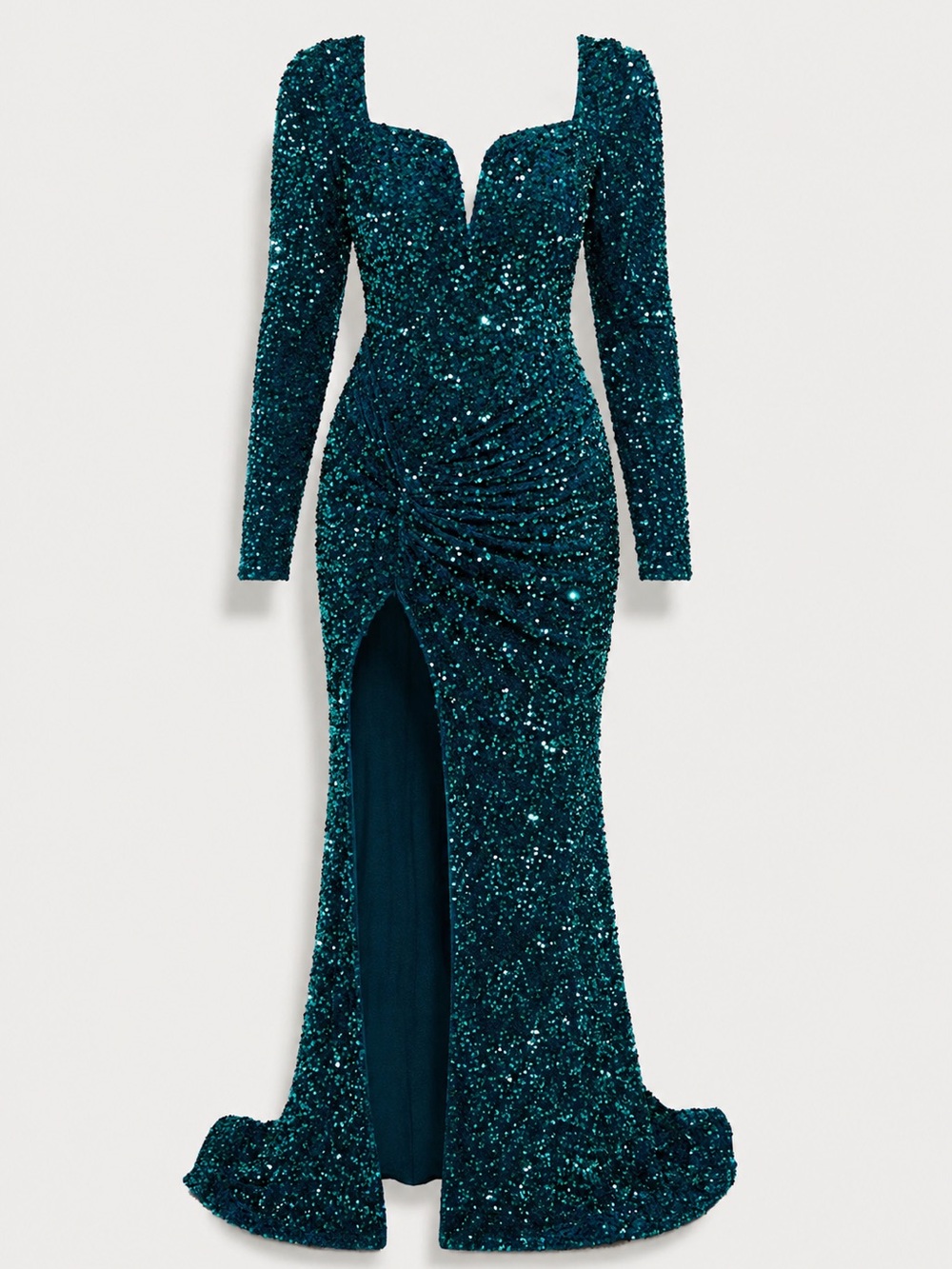 Fashion Nova Teal Sequin Long Sleeve Ruched Gown